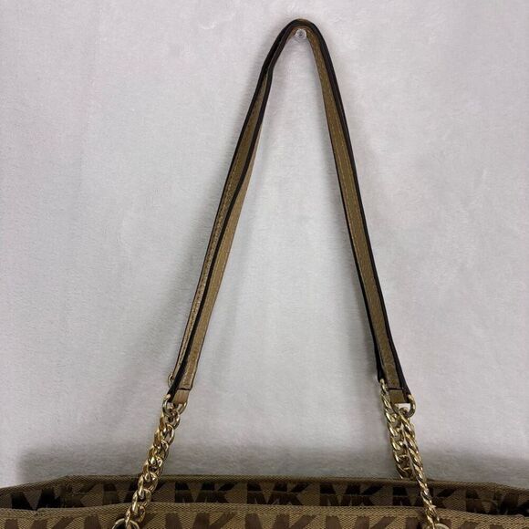 Michael Kors Brown Monogram Large Shoulder Purse with Gold Straps - Picture 4 of 13